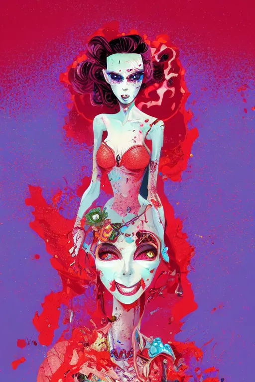 Image similar to beautiful lady half necromancer, made of red gucci fabric, dust particles, pixiv fanbox, dramatic lighting, maximalist pastel color palette, splatter paint, pixar and disney exploded - view drawing, graphic novel by fiona staples and dustin nguyen, peter elson, alan bean, wangechi mutu, clean cel shaded vector art, trending on artstation