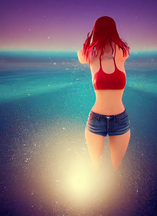 Image similar to gorgeous girl, symmetrical face, short red hair, crop top, daisy dukes shorts. by art germ, trending on artstation, unreal engine, octane render, cinematic, ultra detailed, 4 kmagical, lights, sunset, mysterious, serene, sunlight, ocean, flowing, floating water, splashing water, glowing, mystical, mysterious, lights, bokeh. 4 k