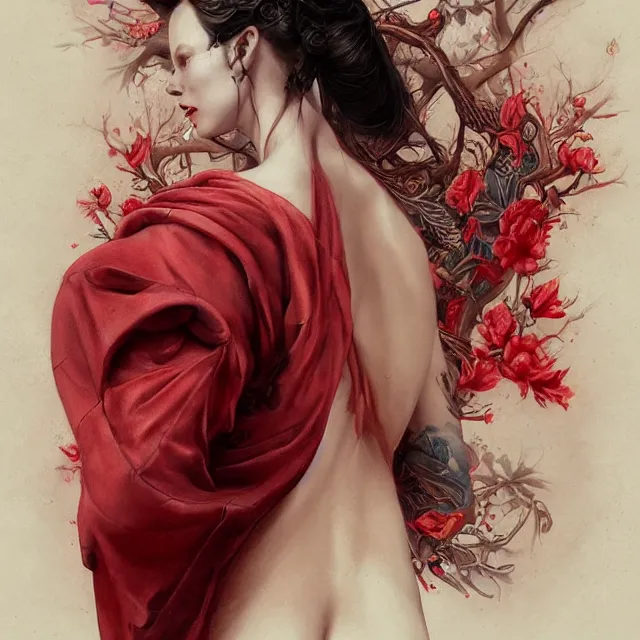 Image similar to ultra realistic illustration, beautiful ethereal woman dressed in red kimono, backview, tattoos, in the style of peter mohrbacher by weta digital and beth cavener, high face symmetry, intricate, masterpiece, award winning, high face symmetry, intricate