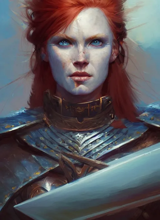 Image similar to highly detailed painting of a warrior woman commander, knight, icelandic, redhead, blue - eyes, high fantasy, dungeons and dragons art by jon foster trending on artstation painted by greg rutkowski, painted by stanley artgerm