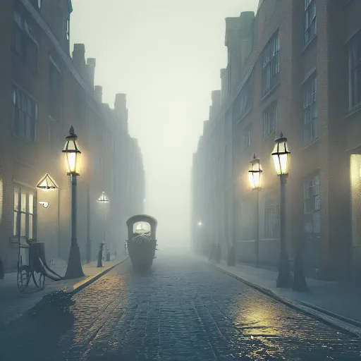 Prompt: Misty Victorian London street at night, gas lanterns, horse drawn carriages, heavy mist, soft lighting, realistic octane render, 8k
