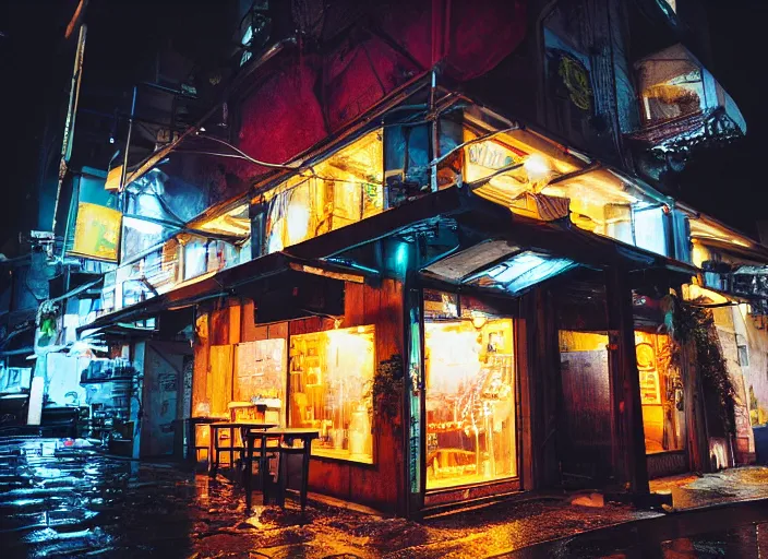 Image similar to exterior of an open cyberpunk ramen place during a rainy night
