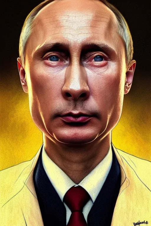 Image similar to vladimir putin as a sponge bob, realistic portrait, symmetrical, highly detailed, digital painting, artstation, concept art, smooth, sharp focus, illustration, cinematic lighting, art by artgerm and greg rutkowski and alphonse mucha