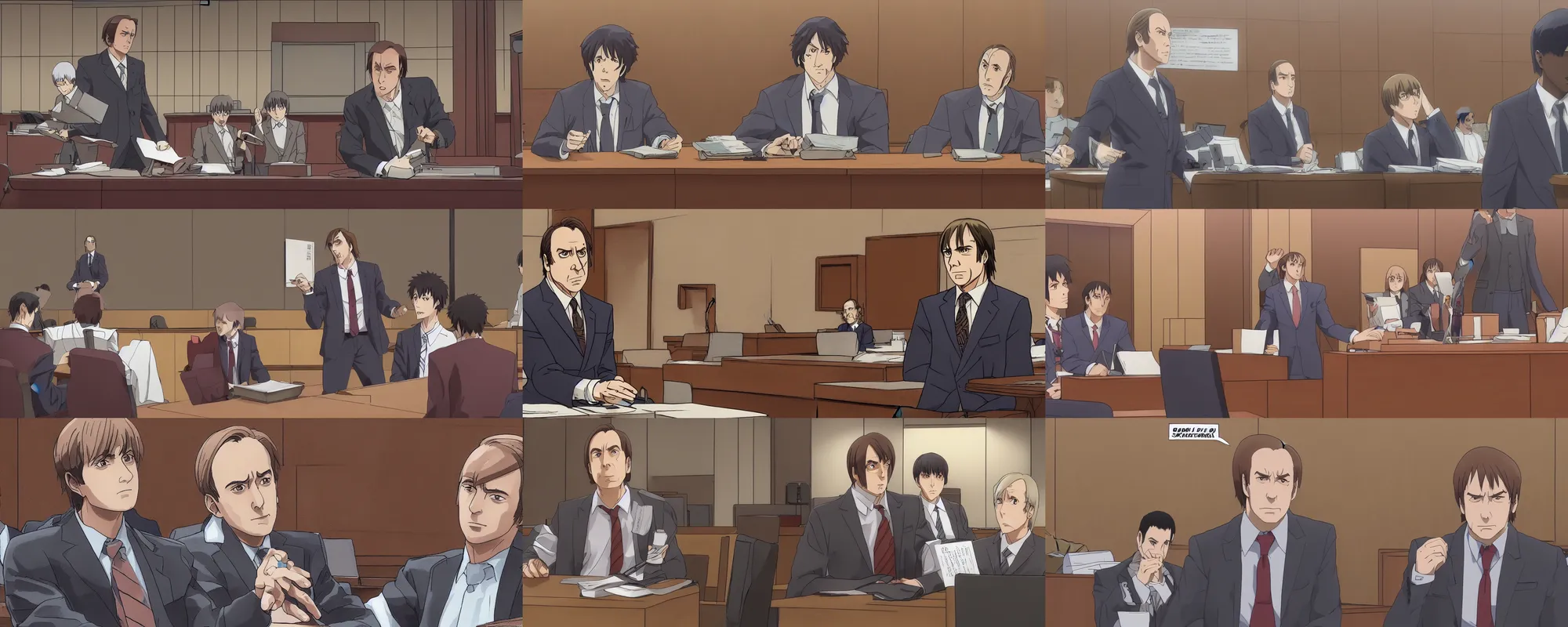 Prompt: Screenshot of Saul Goodman in a courtroom defending his client Shinji Ikari in the Better Call Saul anime, cinematic, highly detailed, style of Studio Ghibli, trending on Pixiv, 4K