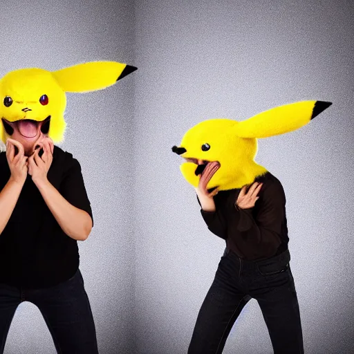 Prompt: portrait sneezing mid - sneeze detective sneezing pikachu mid - sneeze wiping face with rag at a photoshoot studio lighting
