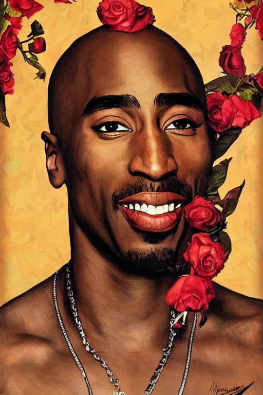 Image similar to Tupac, illustrated in whimsical style, Illustration by Norman Rockwell, Kehinde Wiley!!, artgerm, loish, oil painting,