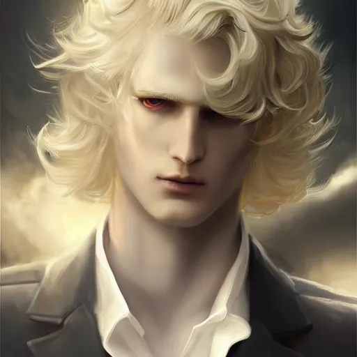 Image similar to digital art of a pale menacing male Cyborg Angel of Battle with fluffy blond curls of hair and piercing eyes, johan liebert mixed with Dante, central composition, he commands the fiery power of resonance and wrath, very very long blond curly hair, baroque curls, by WLOP, Artstation, CGsociety