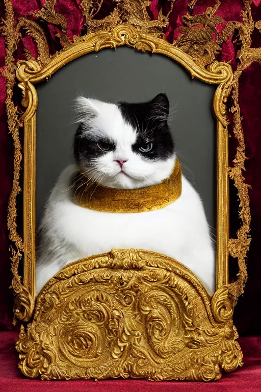 Image similar to a magnificent tintype portrait of a silly looking fluffy fat cat on an embroidered velvet cushion on a neo - rococo gilded little bed with precious stones, ball of yarn, by david lachapelle, photorealistic, photography, wide shot