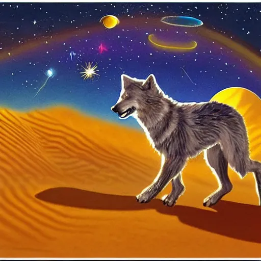 Prompt: a cosmic wolf in the desert