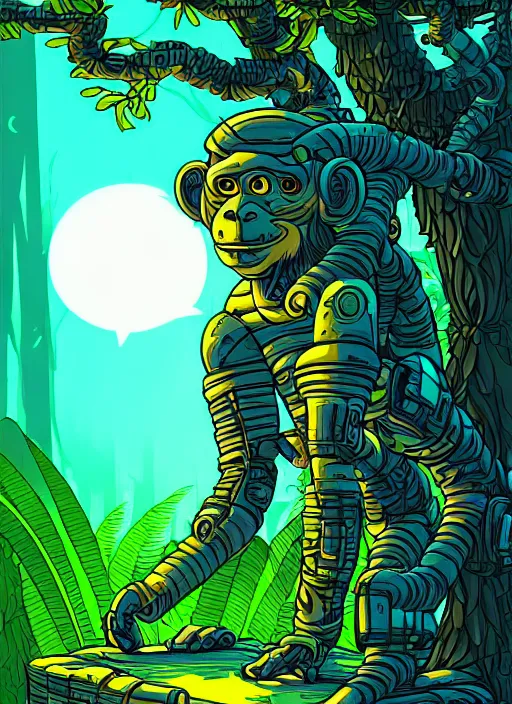 Image similar to cyber monkey in the scifi forest, in style james jea, illustration, fine colors