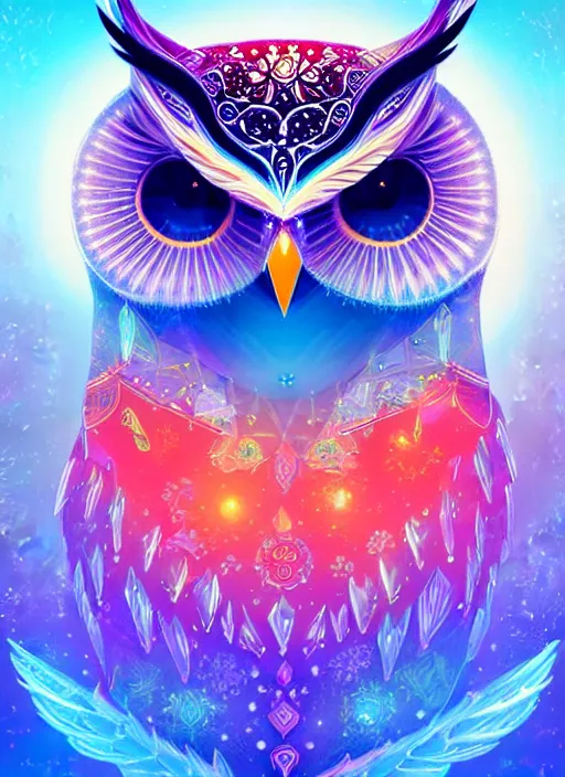 Image similar to symmetry!! product render poster vivid colors divine proportion owl, ice and snow, glowing fog intricate, elegant, highly detailed, digital painting, artstation, concept art, smooth, sharp focus, illustration,