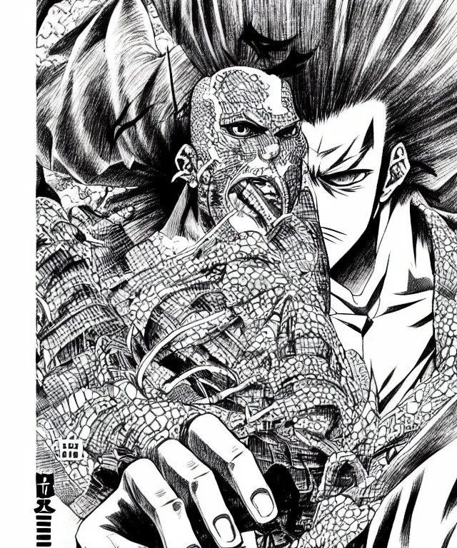 Image similar to A manga about a shaved-headed scarred yakuza. Sharp high quality manga, fine details, straight lines, solo, architecture in the background, masterpiece, highly detailed drawing by Kentaro Miura