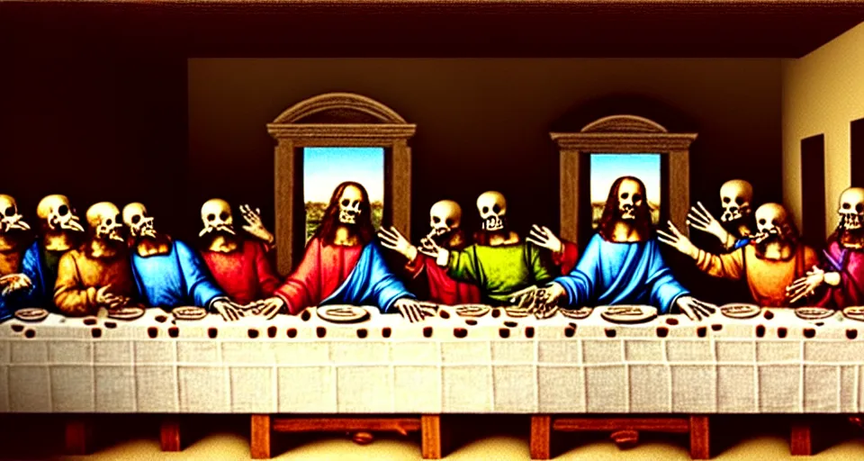 Image similar to last supper, all skeletons, true anatomy, artstation, by leonardo da vinci, trending on artstation