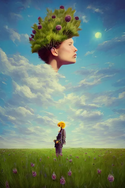 Prompt: portrait, enormous thistle flower under head, a girl in a suit in a field of flowers, surreal photography, sunrise, blue sky, dramatic light, impressionist painting, digital painting, artstation, simon stalenhag