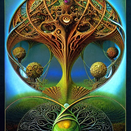 Image similar to divine chaos engine by roger dean and andrew ferez, tree of life, symbolist, visionary, art forms of nature by ernst haeckel, art nouveau, botanical organic fractal structures, surreality, detailed, realistic, deep rich moody colors