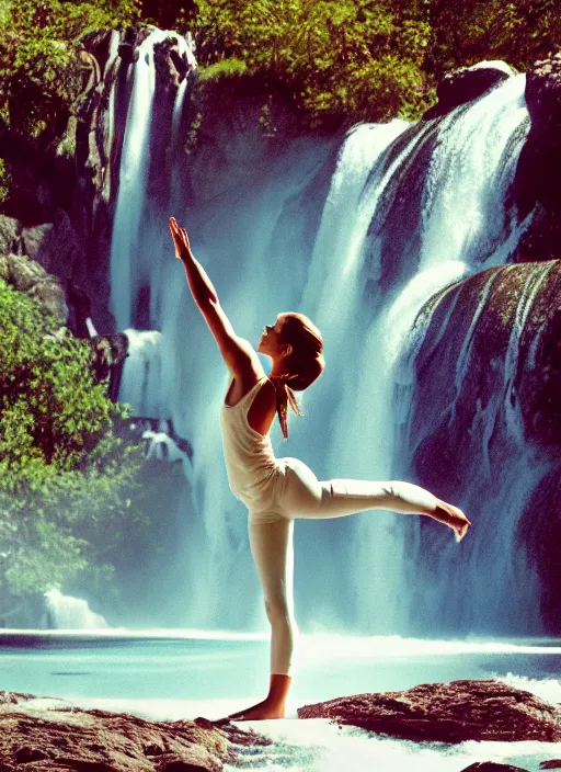 Image similar to portrait photograph of emma watson standing in a yoga pose wearing translucent clothes standing underneath a waterfall, natural light, photoreal, shot by David LaChapelle