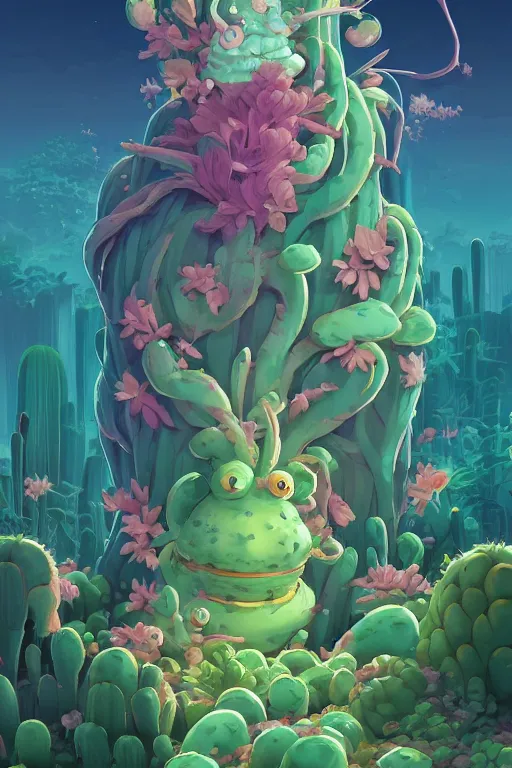 Image similar to roots cactus sushi cristal smurf ghost creature animal sushi cristal very big eye roots cactus elemental flush of force nature micro world fluo fishscale, behance hd by jesper ejsing, by rhads, makoto shinkai and lois van baarle, ilya kuvshinov, rossdraws radiating a glowing aura global illumination ray tracing hdr