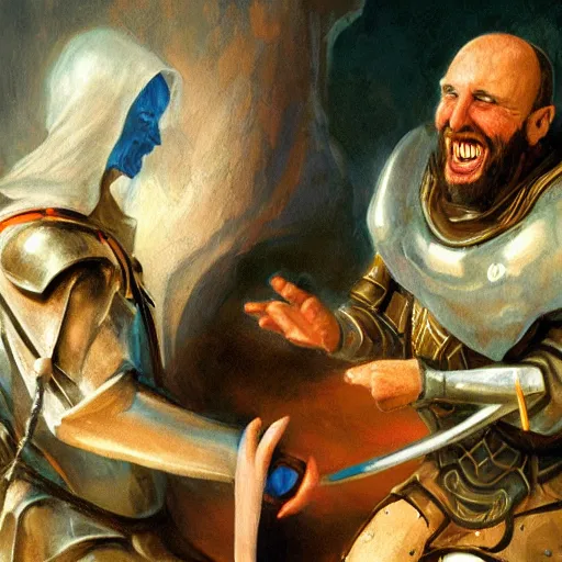 Prompt: fantasy painting of an ancient cleric healing a wounded knight, cleric is unwashed, crazed, laughing, glowing eyes
