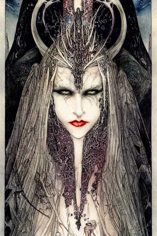 Image similar to dark vampire queen closeup face surrounded by bats, art by luis royo and walter crane and kay nielsen, watercolor illustration,