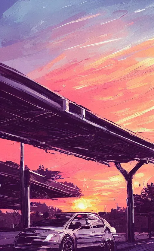 Image similar to a beautiful illustration of a car parket near a highway at sunset, art of alena aenami, featured on artstation, vertical orientation, paint brush strokes, expressionism, brushstroke - laden