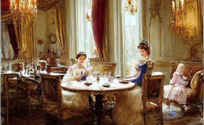 Image similar to Young victorian princess drinking tea on the royal palace dining room. By Konstantin Razumov, highly detailded