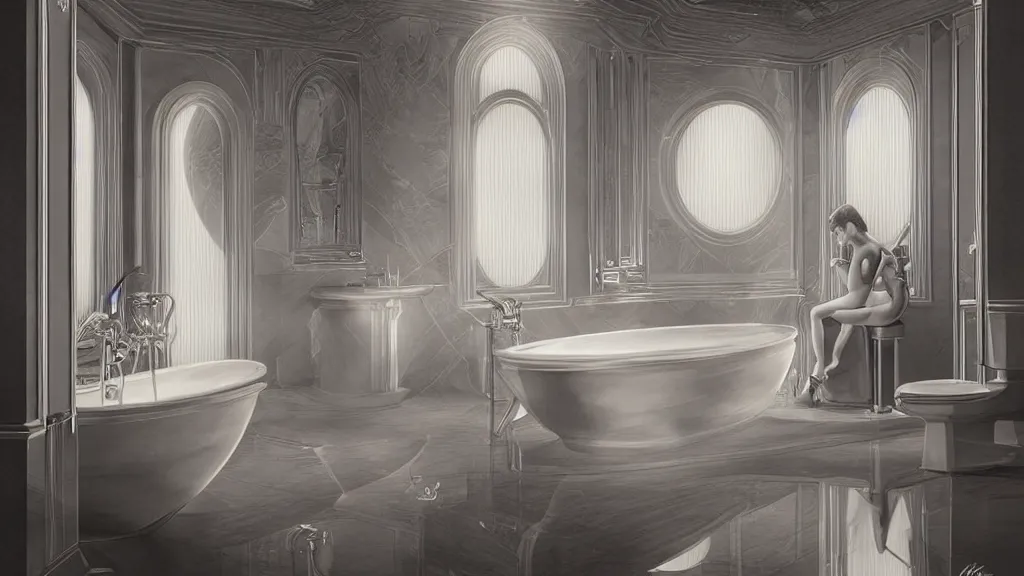 Prompt: ghost in an art deco bathroom, photo, ultra detail, photoreal, professionally retouched, soft moonlight lighting, wide angle, 8 k high definition, insanely detailed, intricate, elegant, art by artgerm and wlop