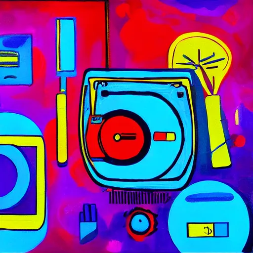 Prompt: bright coloured painting of technological innovations