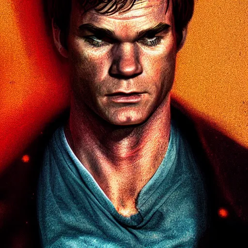 Prompt: Photorealistic Dexter Morgan. Hyperdetailed photorealism, 108 megapixels, amazing depth, glowing rich colors, powerful imagery, psychedelic Overtones, 3D finalrender, 3d shading, cinematic lighting, artstation concept art