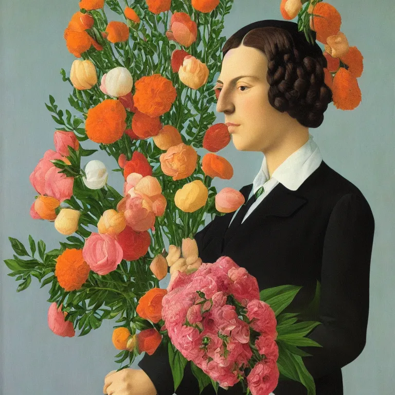 Image similar to portrait of a woman, face hidden by beautiful flower bouquet, by rene magritte, detailed painting, hd, hq, high resolution, high detail, 4 k, 8 k