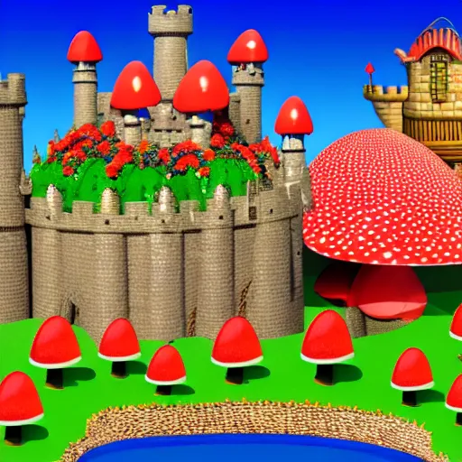 Prompt: large fantasy castle in the style of peaches castle in super mario, giant red and white spotted mushrooms, exotic flowers, roses, in a huge garden, sharp rays of sunlight, mortal engines howls moving castle, distant - mid - shot, fantasy, hyper detailed, 4 k