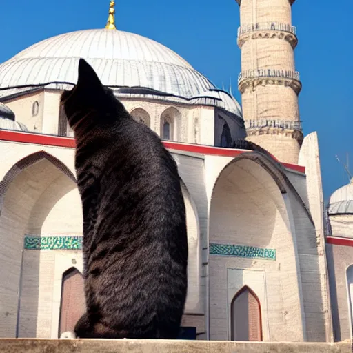 Image similar to A giant cat sitting next to a mosque in Istanbul, daytime, photorealistic, 4K, HD, award winning