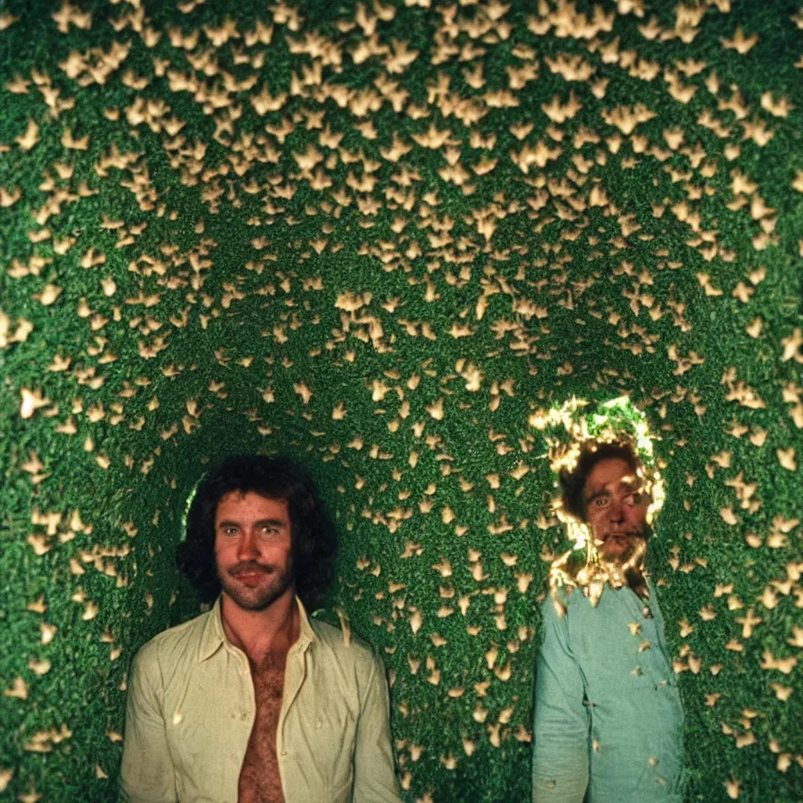 Prompt: 7 0 s movie still of a man with a chest full of moth in a green tunnel, cinestill 8 0 0 t 3 5 mm eastmancolor, heavy grain, high quality, high detail