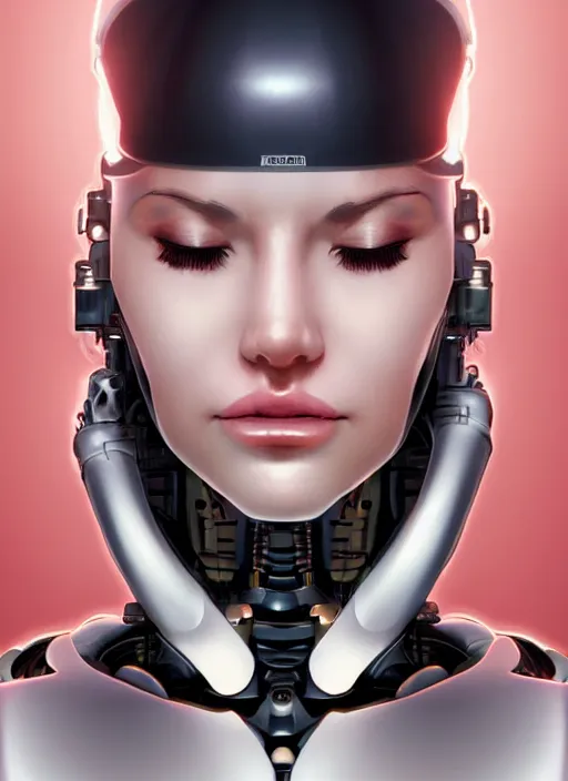 Image similar to portrait of a cyborg woman who turns her head to the ((((((right))))) left+20 (((((up))))) (((((down))))) by Artgerm,eyes closed , biomechanical, hyper detailled, trending on artstation