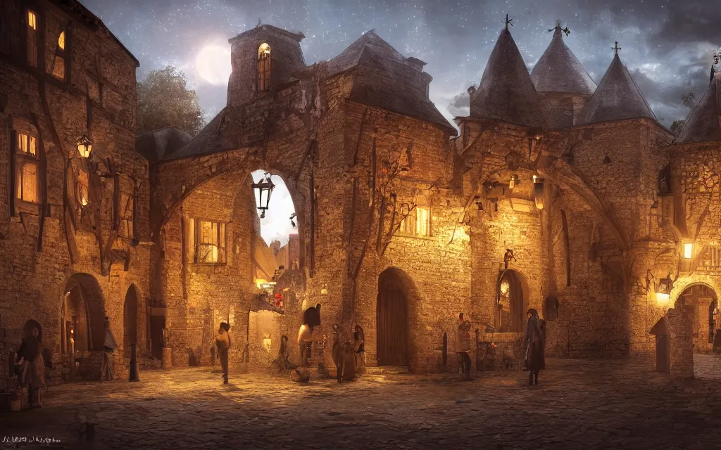 Image similar to at the square of a medieval french village, with a spaceship hovering, a well in the center, arches, orange light, highly detailed, cinematic lighting, render, fantasy