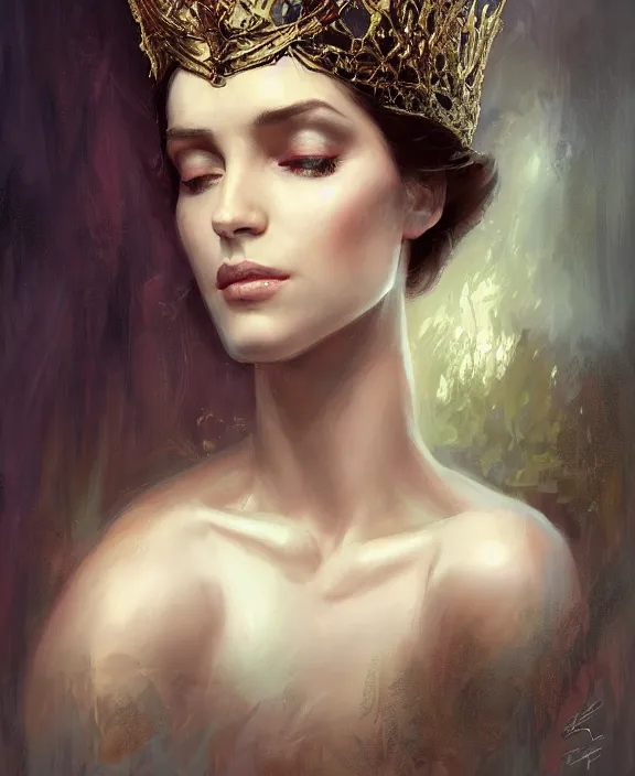 Image similar to masterpiece concept art of a beautiful brunette woman with pale skin and a crown on her head seated on an intricate shadow throne, a beautiful highly detailed fae lady, extremly emotional, cinematic moody colors, realistic shaded lighting poster by ilya kuvshinov, magali villeneuve, artgerm, jeremy lipkin and michael garmash and rob rey