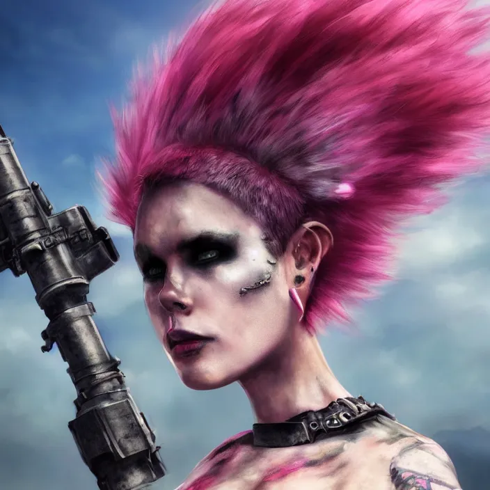 Image similar to beautiful apocalyptic woman with pink Mohawk, standing on mad max panzer tank, 4k ultra hd, fantasy dark art, tank girl, artstation, octane render, elegant, detailed digital painting