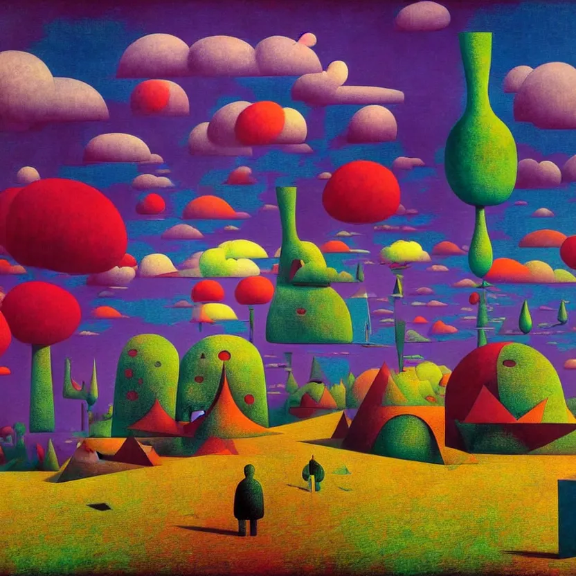 Prompt: surreal glimpse into other universe, zeppelin, island, summer morning, very coherent and colorful high contrast, art by! gediminas pranckevicius, rene magritte! paul klee geof darrow, volumetric lighting, cinematic, floralpunk screen printing woodblock, dark shadows, hard lighting, stipple brush