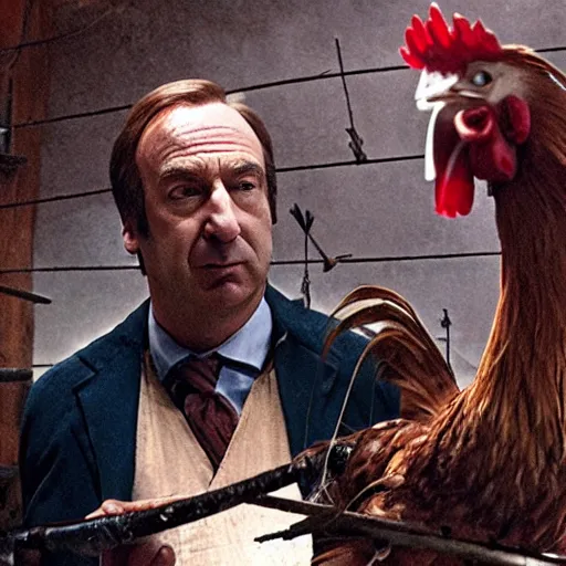 Image similar to saul goodman and a rooster in a saw movie torture chamber, torture devices in the background, saul goodman, rooster, photo