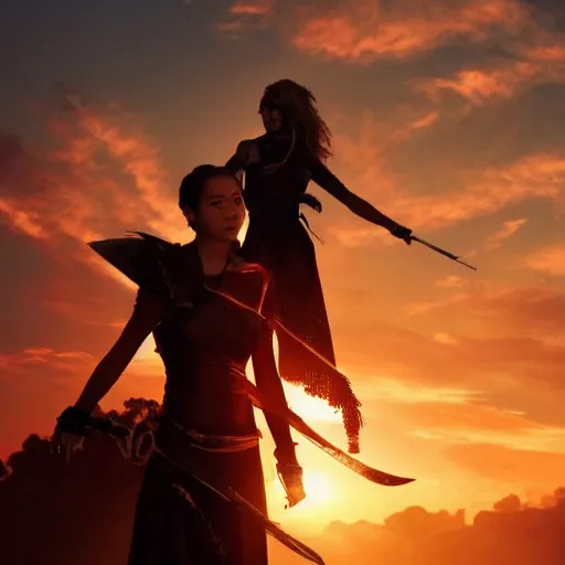 Prompt: a woman assasin and a man assasin, cinematic, sunset