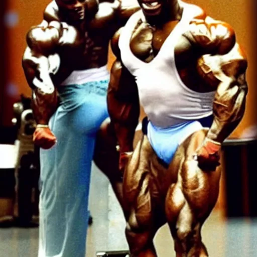 Prompt: ronnie coleman with ronnie coleman's physique as ronnie coleman in ronnie coleman's body, very muscular superhuman bodybuilder physique