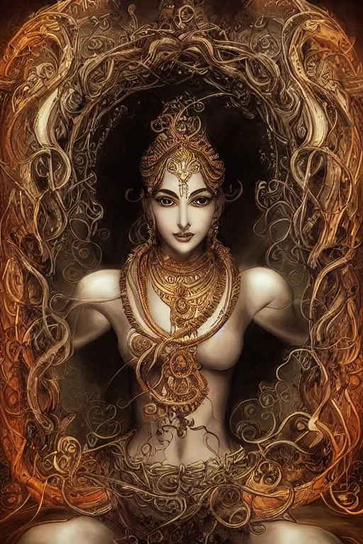 Prompt: an abstract concept art. hindu mythology. wisps and tendrils. elegantly detailed. esoteric. intricate details. artgerm.