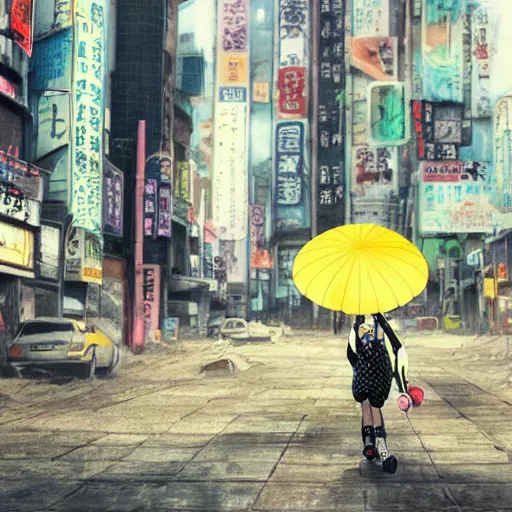Image similar to anime, incredible wide screenshot, ultrawide, simple watercolor, rough paper texture, ghost in the shell movie scene, girl in a dress running through the city, yellow parasol in deserted dusty shinjuku junk town, bold graphic graffiti, outdoors, bright sun bleached ground, mud, fog, dust