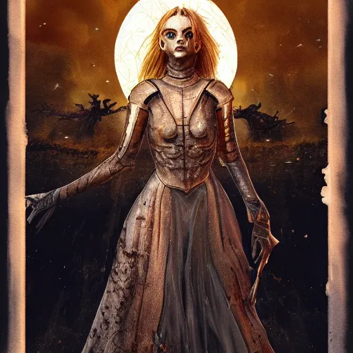 Prompt: Elle Fanning in the painted world of Dark Souls, head and shoulders masterpiece, apocalypse, golden hour, cosmic horror, artstation, in the style of Liber Chronicarum and Michael Wolgemut, extremely detailed