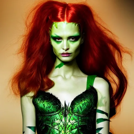 Prompt: A beautiful portrait of Daria Strokous as Poison Ivy from Batman as a Versace fashion model Spring/Summer 2010, highly detailed, in the style of cinematic, Getty images, Milan fashion week backstage, Makeup by Pat McGrath, Hair by Guido Palau, Greg rutkowski