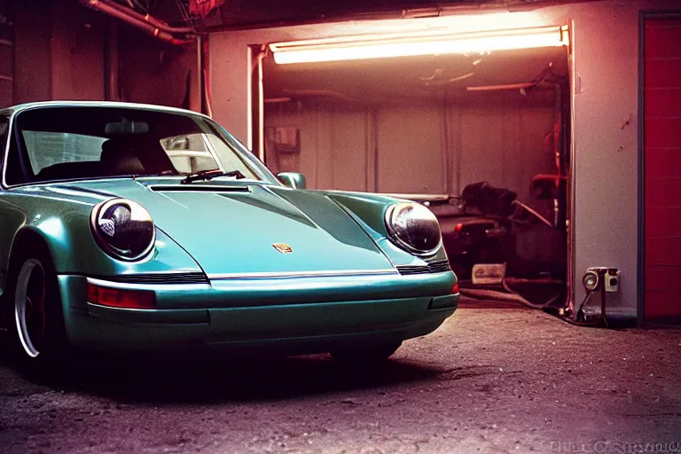 Image similar to a single 1 4 8 0 porsche 9 1 1, inside of a tokyo garage, ektachrome photograph, volumetric lighting, f 8 aperture, cinematic eastman 5 3 8 4 film