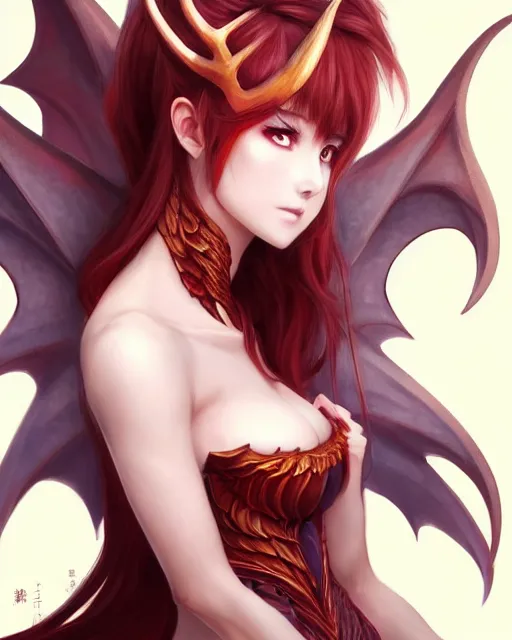 Image similar to character concept art of a woman with fire dragon horns and wings | | very anime, dragon scales, cute - fine - face, pretty face, realistic shaded perfect face, fine details by stanley artgerm lau, wlop, rossdraws, james jean, andrei riabovitchev, marc simonetti, and sakimichan, trending on artstation