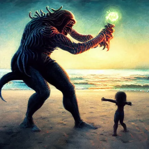 Prompt: UHD photorealistic Cthulhu fighting Cosmic Chuck Norris on the beach, in the style of tonalism by Greg Rutkowski