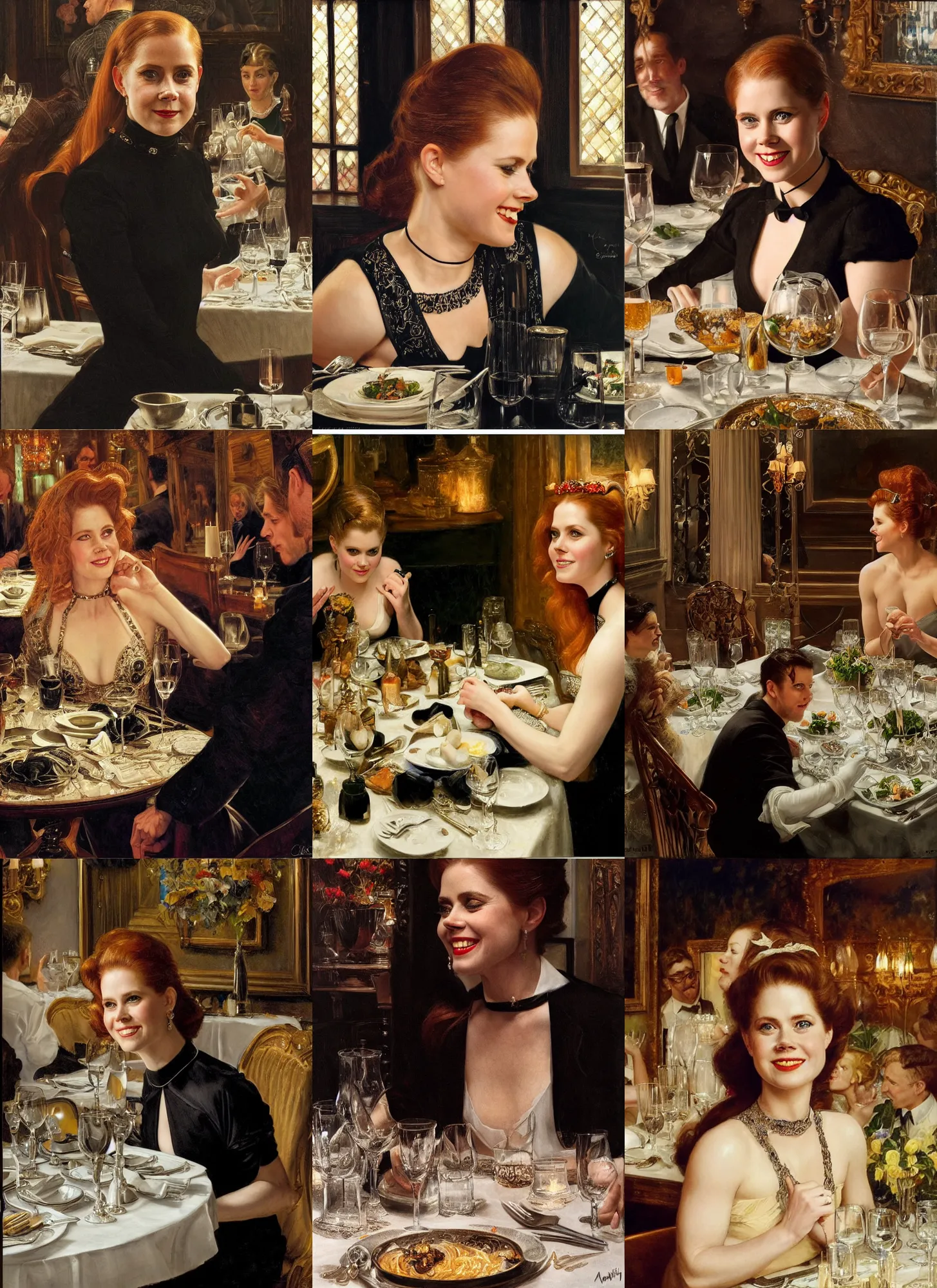 Image similar to dinner with amy adams smiling sitting across the camera wearing a black choker staring into the camera in an expensive private restaurant, 1 9 6 0, intricate, elegant, tasteful, highly detailed, shallow depth of field, artgerm, donato giancola, joseph christian leyendecker