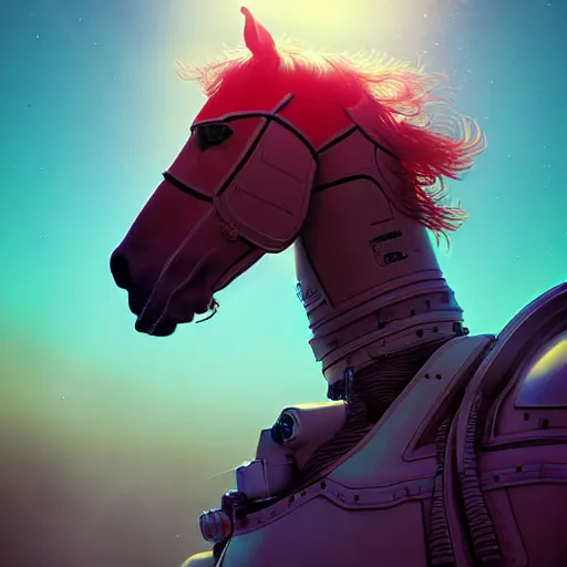Prompt: digital art of horse situated on top of an human astronaut back. from western by hiroyuki okiura and katsuhiro otomo and alejandro hodorovski style with many details by mike winkelmann and vincent di fate in sci - fi style. volumetric natural light photo on dsmc 3 system,