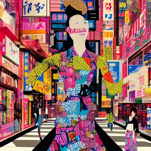 Image similar to maximalist paper collage art of a woman walking through a tokyo shopping district at sunset